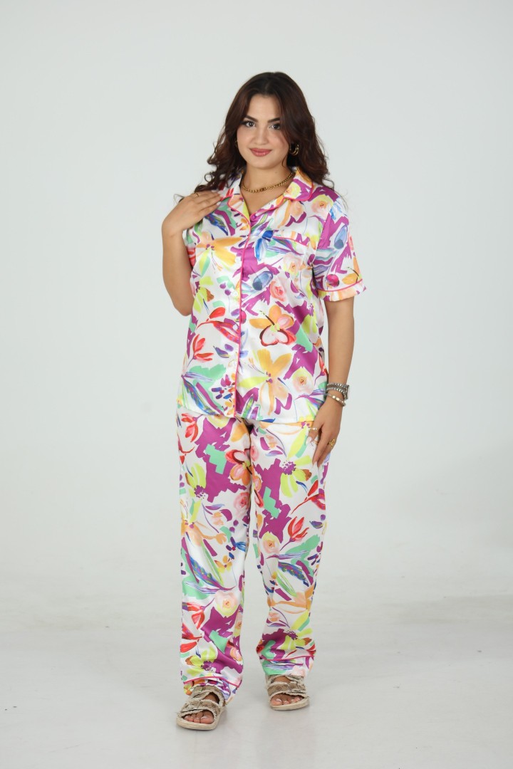🌸 Pyjama Femme Satiné – Imprimé Floral