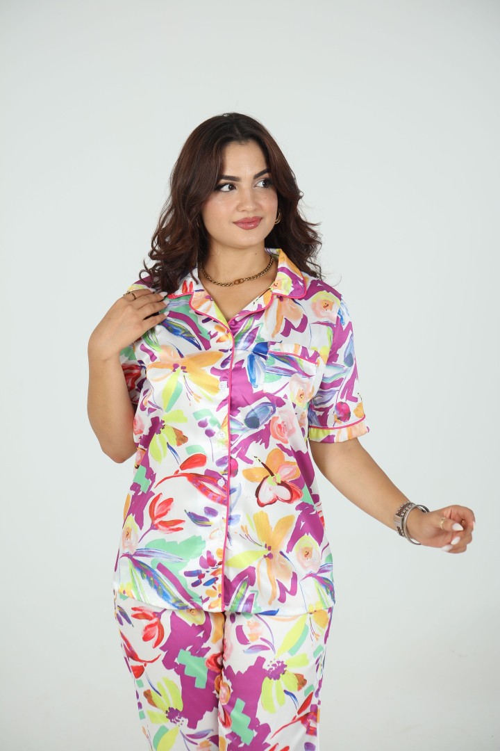 🌸 Pyjama Femme Satiné – Imprimé Floral
